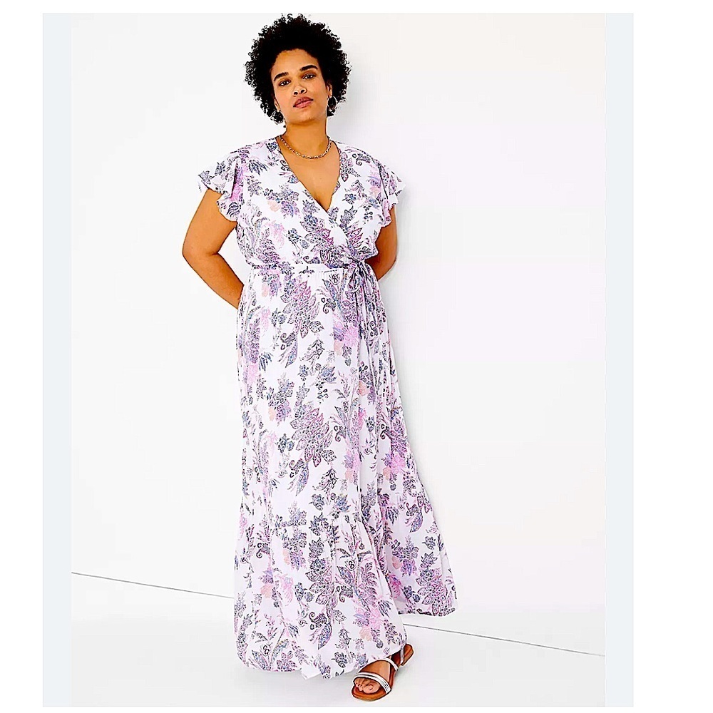 NWT Lane Bryant Cap Flutter Sleeve Surplice Tiered Print Maxi Dress Size 22